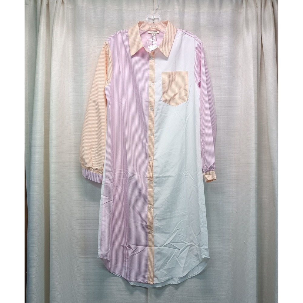 Andree by Unit Womens S Colorblock Striped Shirt Dress Pink Orange White NWT